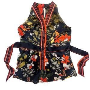 Dora Landa Navy Sleeveless Blouse with Tropical Floral Accents Size XS